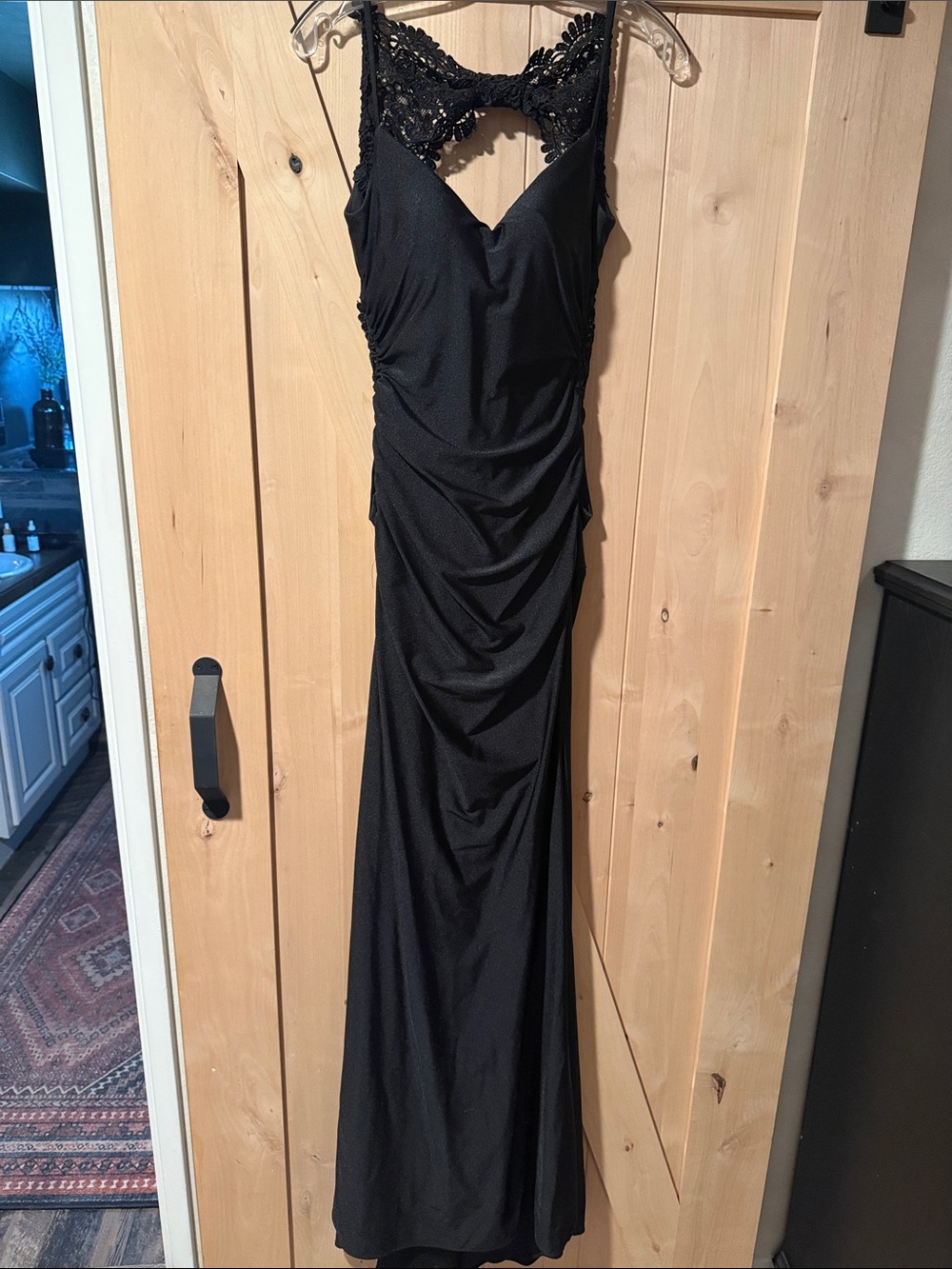 La Femme Black Maxi Dress with Lace Back Detail